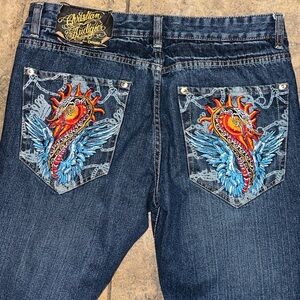 Christian Audigier Blue Relaxed Jeans with Intricate Koi Fish Embroidery